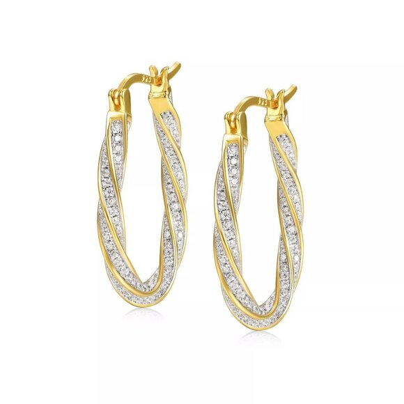 14k Vermeil Gold Plated 925 Sterling Oblong Twist Hoop Earrings With Cubic Zirco - Picture 1 of 8